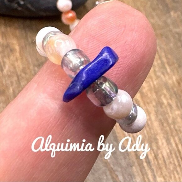 Lapis and flower agate  agate infinity ring band - Picture 1 of 12